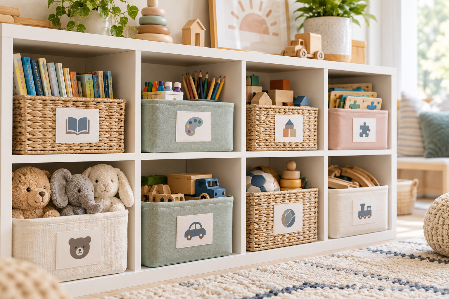 Organized toy storage with picture labels